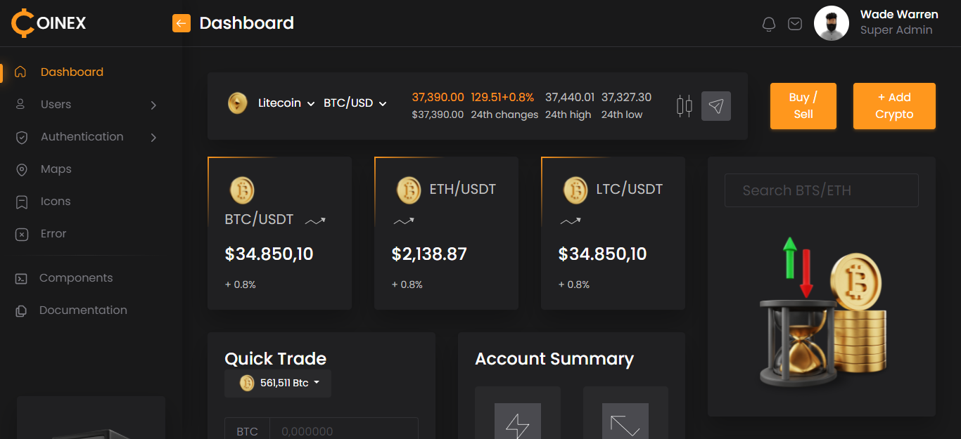 Free Crypto Admin Dashboard | Coinex Lite | Iqonic Design