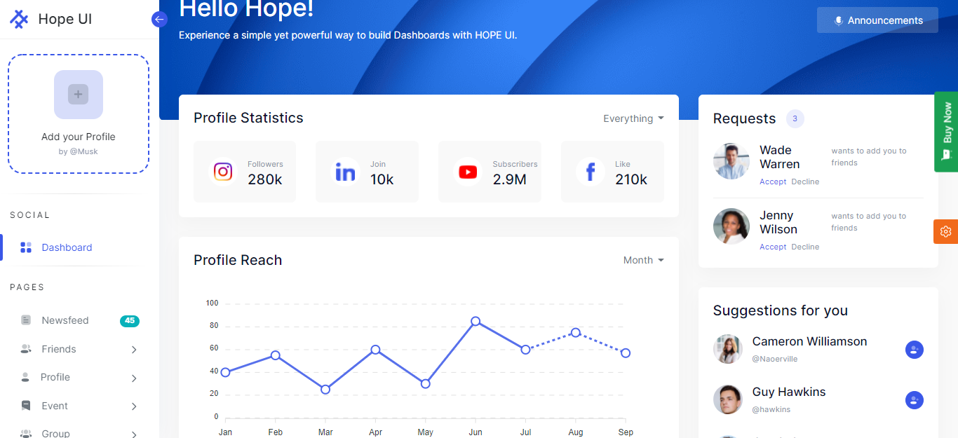 Social Media Dashboard Hope UI | Iqonic Design