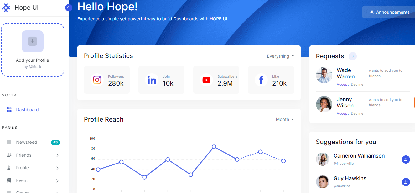 Social Media Admin Dashboard - Hope UI | Iqonic Design