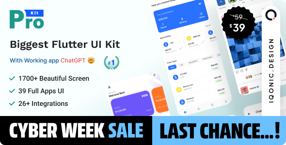 Cyber week sale 2023 on Biggest Flutter UI Kit with working app ChatGPT